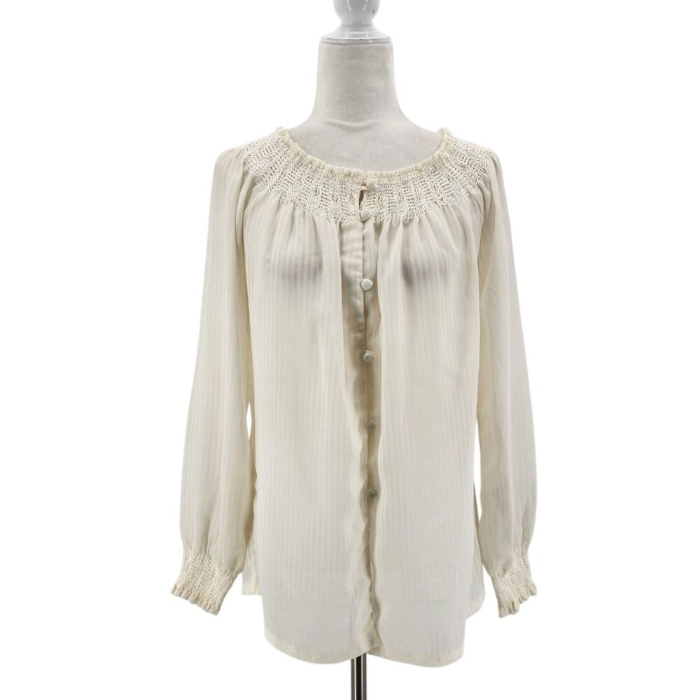 Vintage Chessa Davis Womens Small Top Blouse Striped Ivory Long Sleeve Button